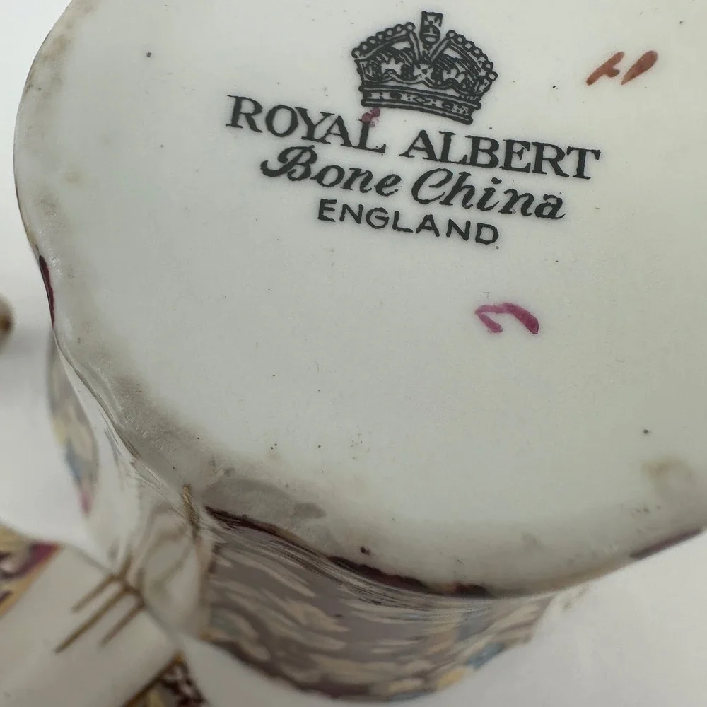 Royal Albert Brocade Art Deco Panel Shape Teacups and Saucers Set of 3 Burgundy